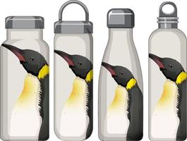 Set of different thermos bottles with penguin pattern vector