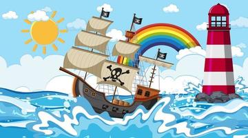 Ocean scene at day time with Pirate ship in cartoon style vector