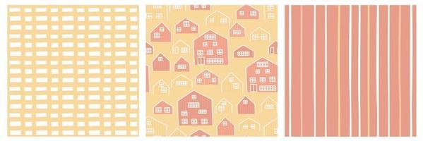 Set of three Yellow Red White seamless patterns. of wooden houses vector