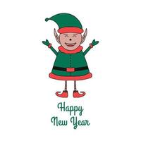 Happy New Year greeting card with cute Elf on white background. vector