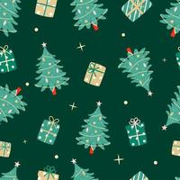 Decorated Christmas Trees and Gifts Seamless Repeat Vector Pattern