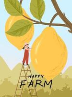 Farmer cartoon characters with lemon harvest poster illustration vector