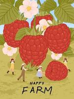 cartoon characters with raspberry fruits harvest poster illustration vector