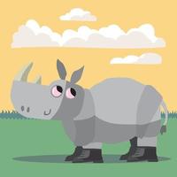 Rhino in black boots standing on the savannah with clouds in the sky vector