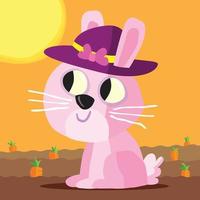 Rabbit in a purple wide brimmed hat on a field of carrots vector