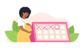Happy pregnant woman stands near the calendar vector