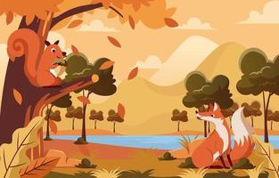 ardilla y zorro en el bosque de otoño vector