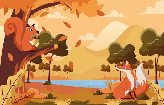 Squirrel and Fox in the Autumn Forest