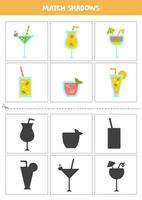 Find shadows of cartoon summer cocktails. Cards for kids. vector