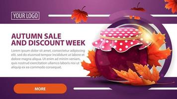 Autumn sale and discount week, banner with jar of jam and maple leaves vector