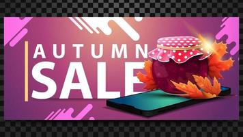 Autumn sale, discount horizontal banner with a smartphone, jar of jam vector