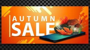 Autumn sale, discount horizontal banner with a smartphone, mushrooms vector