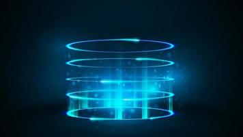 Empty blue neon digital hologram with shiny rings in dark room vector