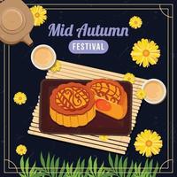 Moon Cake on the Table with Chrysanthemum Tea vector