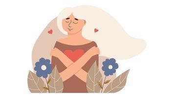 Young woman lovingly hugs herself and her body. Love yourself vector