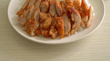 Fried pork topped on rice with spicy dipping sauce video