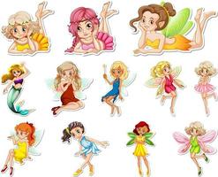 Set of stickers with beautiful fairies and mermaid cartoon character vector