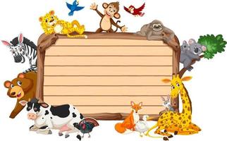 Empty wooden board with various wild animals vector