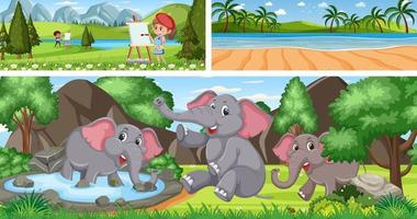 Set of different outdoor landscape with cartoon character vector