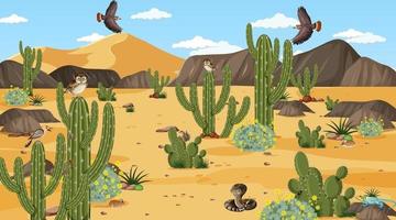 Desert forest at daytime scene with desert animals and plants vector