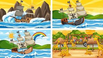 Diferentes escenas con barco pirata en el mar y animales en el zoológico. vector