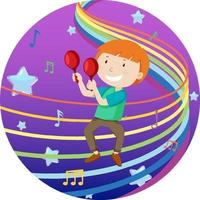 niño tocando maracas con arco iris sobre fondo degradado azul púrpura vector