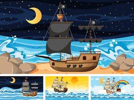 Set of Ocean with Pirate ship at different times scenes vector