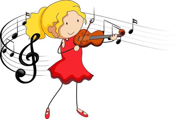 Cartoon doodle a girl playing violin with melody symbols