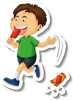 Sticker with a boy throw littering on the floor cartoon character vector