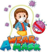 Use una fuente de máscara con una niña con máscara médica sobre fondo blanco. vector