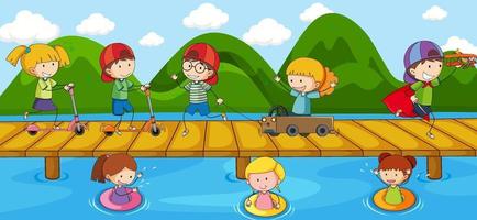 Scene with doodle kids cartoon character on the bridge crossing river vector