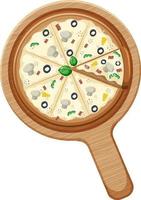 A whole vegan pizza with mushroom and olive topping on wooden plate vector