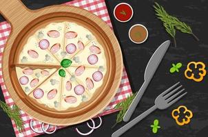 Top view of a whole pizza with onion and mushroom topping on the table vector