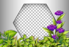 Hexagon frame with purple flowers and leaves template vector
