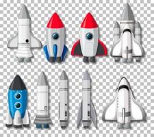 Set of different rockets and spaceships vector