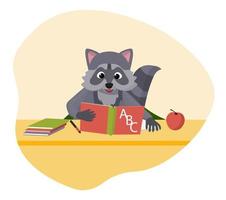 Raccoon sits at a desk and learns .Vector illustration. vector