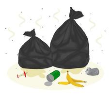 Garbage bags with waste around. Vector flat illustration