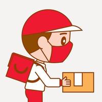 Man with red and white uniform wearing face mask deliver parcel vector