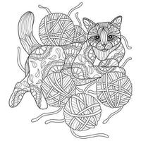 cat and yarn hand drawn for adult coloring book vector