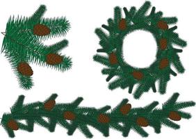 Fir garland, branch and wreath decoration with fir cones vector