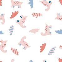 Pastel colored vector seamless pattern of dinosaurs and striped clouds