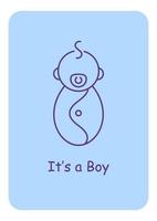 Baby boy gender announcement postcard with linear glyph icon vector