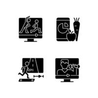 Online fitness coach black glyph icons set on white space. vector