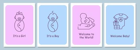 New baby welcoming event postcards with linear glyph icon set vector