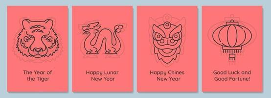 Chinese new year celebration postcards with linear glyph icon set vector