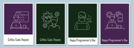 World programmer day postcards with linear glyph icon set vector