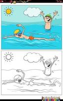 cartoon swimming boys characters group coloring book page vector