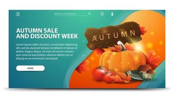 Autumn discount banner with harvest of vegetables and a wooden sign vector