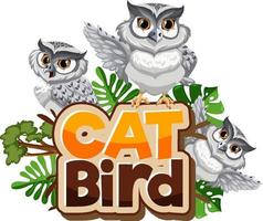 Many white owls cartoon character with Cat Bird font banner isolated vector