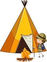 Camping tent with doodle kids cartoon character isolated vector